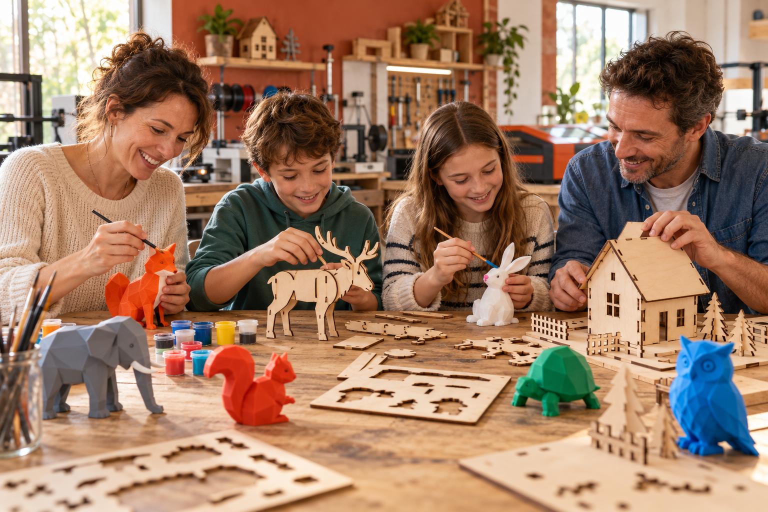 Une famille assemble une maison en bois et personnalise des figurines 3D. Image d’illustration.