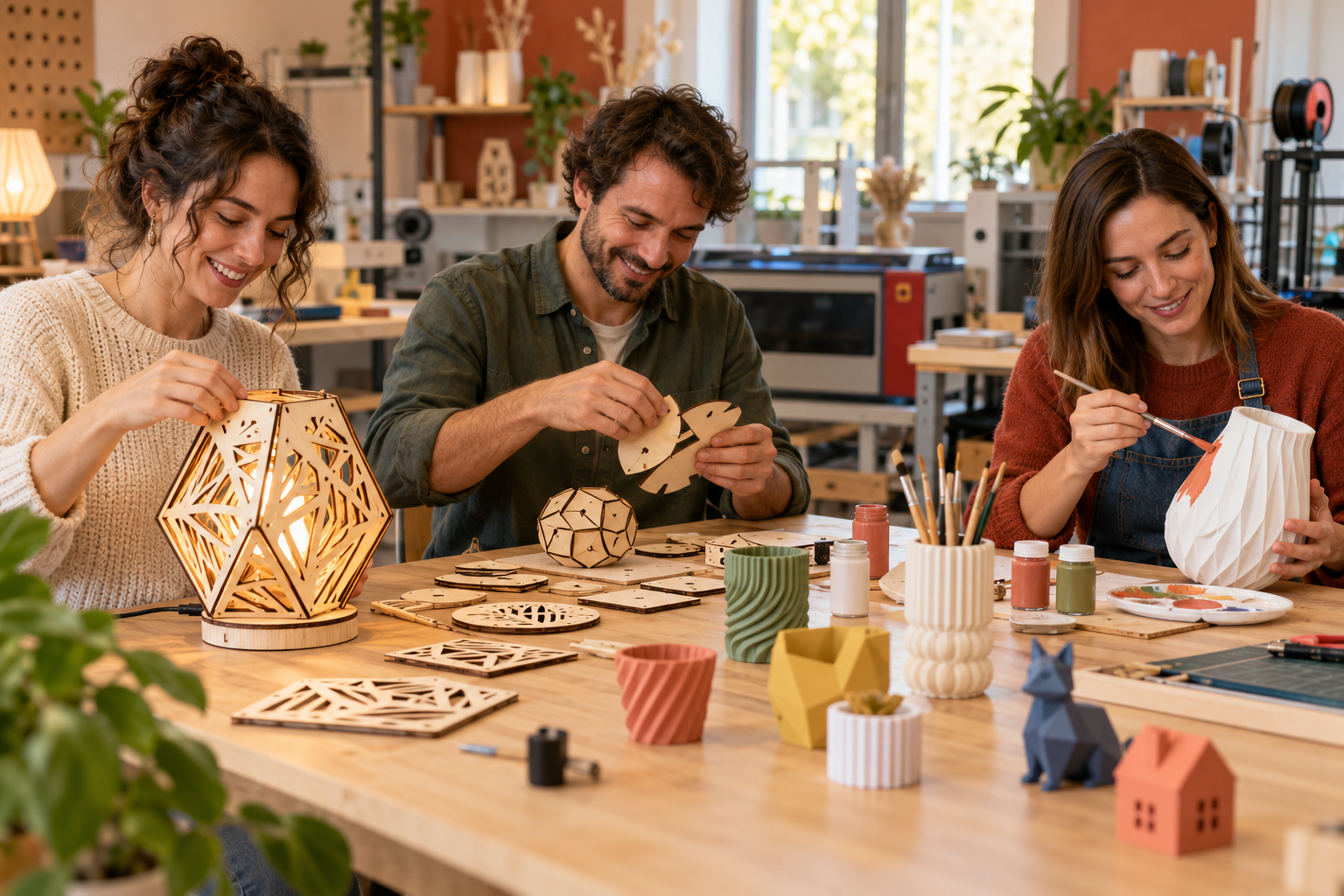 Trois adultes personnalisent une lanterne en bois et des objets imprimés en 3D dans un atelier. Image d’illustration.