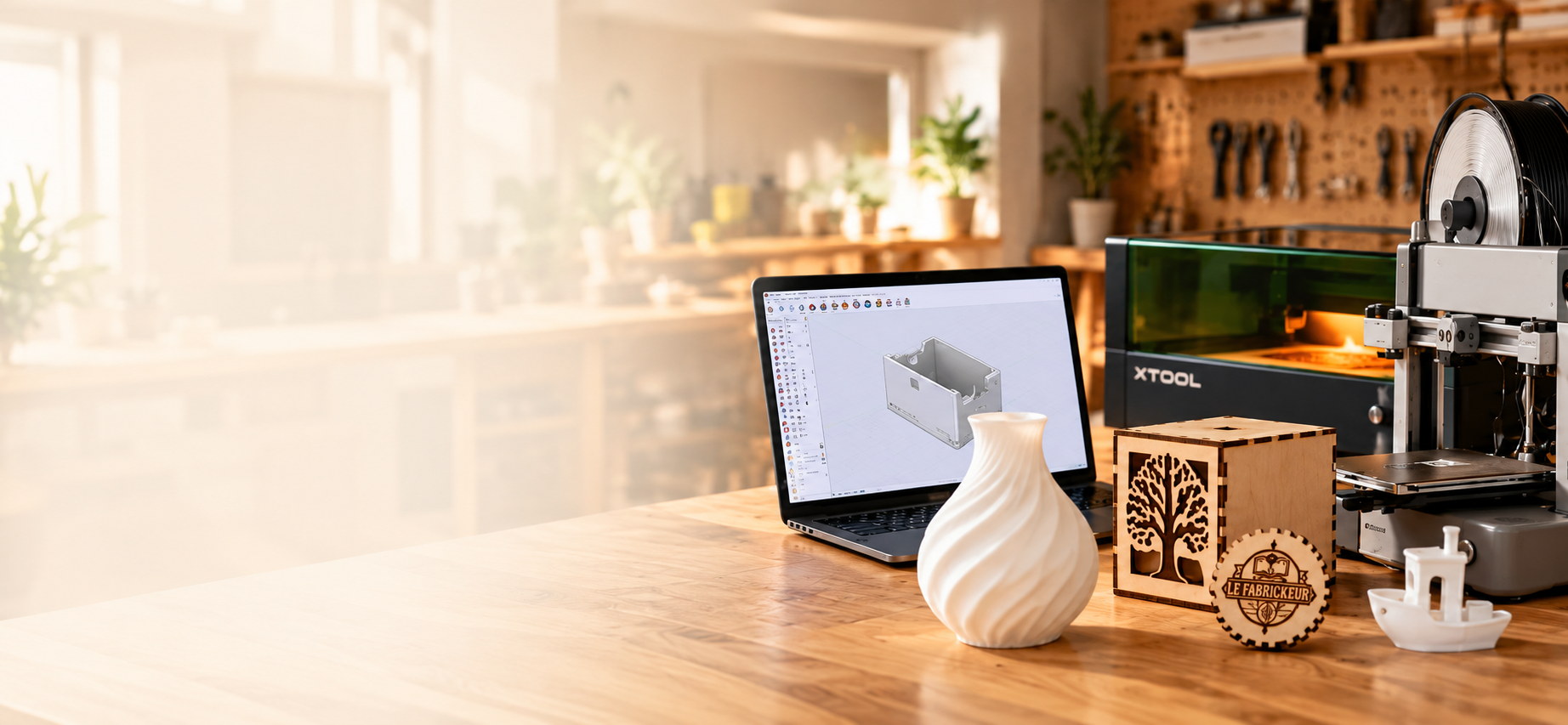 Atelier de fabrication numérique chaleureux : ordinateur affichant une maquette 3D, vase et petit bateau imprimés en 3D, boîte et médaillon en bois gravés au laser, découpeuse laser et imprimantes 3D en arrière-plan.