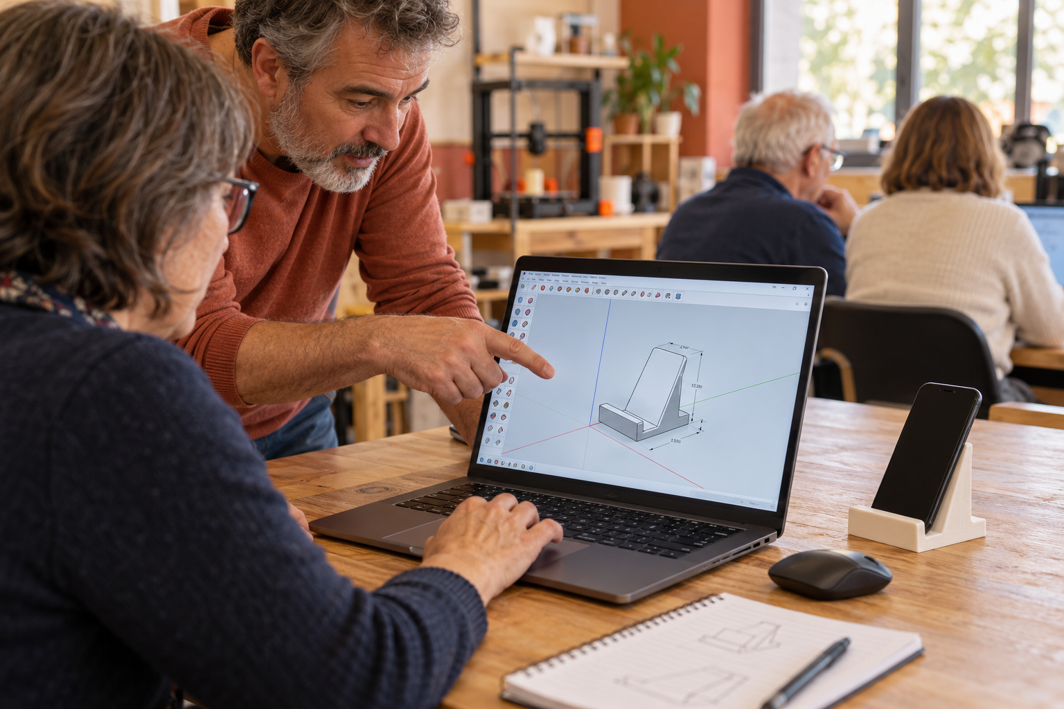 Un formateur guide une participante dans la modélisation d’un support de téléphone sur SketchUp. Image d’illustration.
