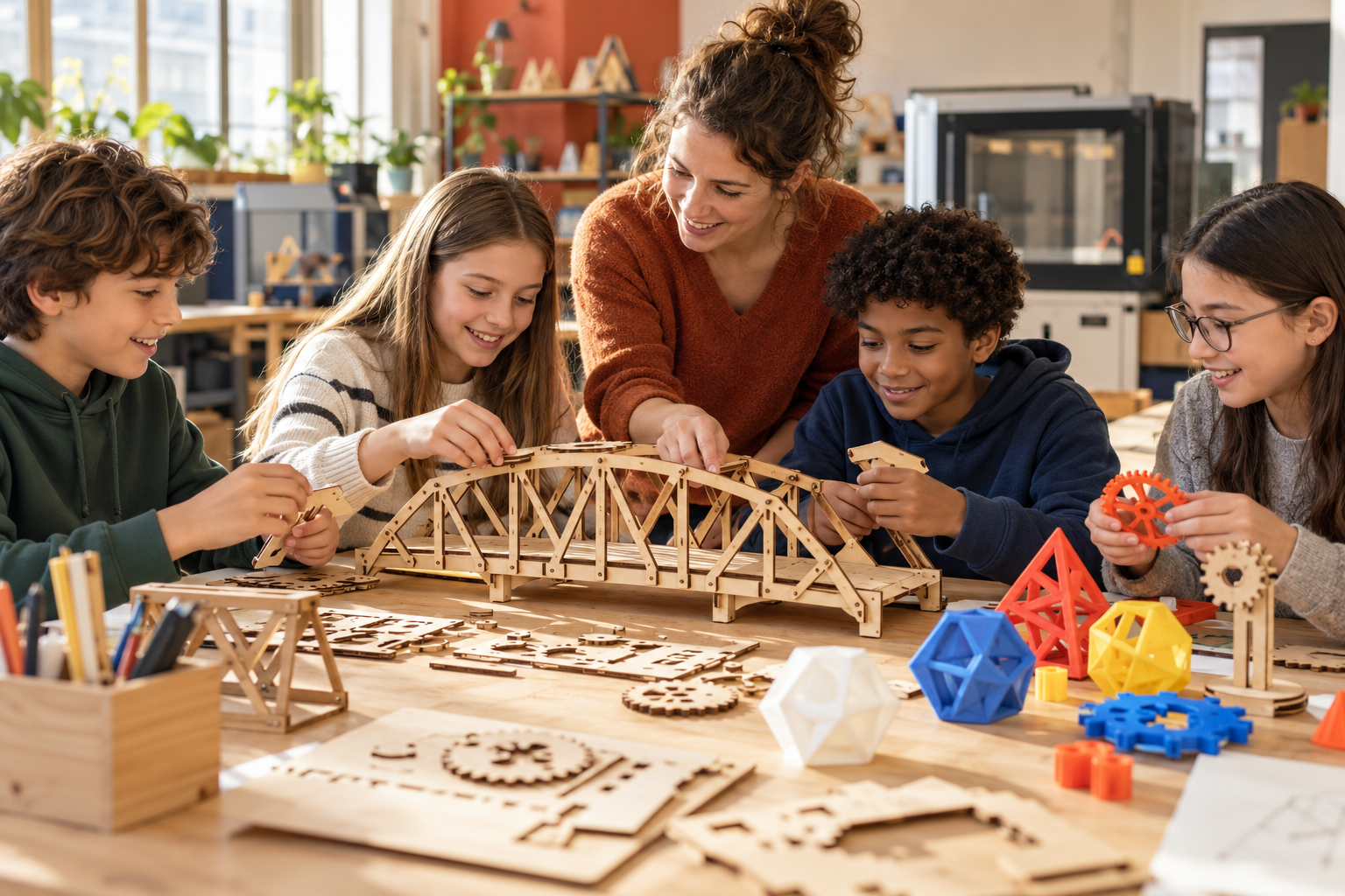 Des enfants accompagnés d’une animatrice construisent un pont en bois et découvrent des formes 3D. Image d’illustration.