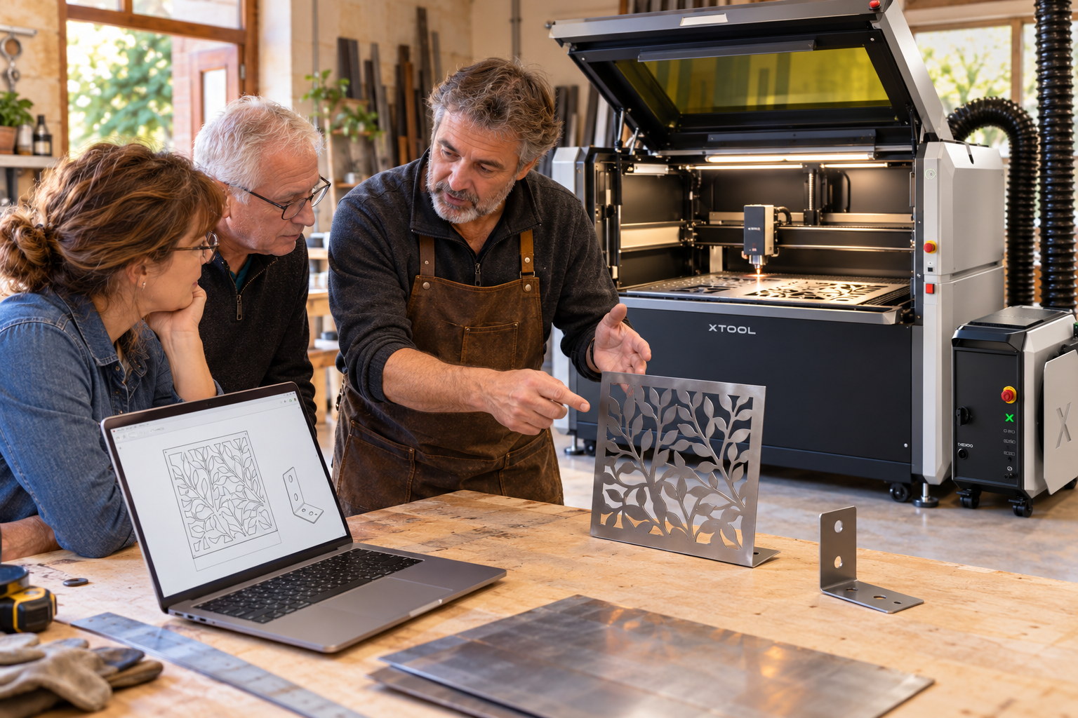 Trois personnes autour d’un établi : le formateur en tablier de cuir présente une plaque de métal découpée au motif de branches et de feuilles, l’ordinateur affichant le dessin et la découpeuse laser xTool au capot ouvert derrière eux. Image d’illustration.