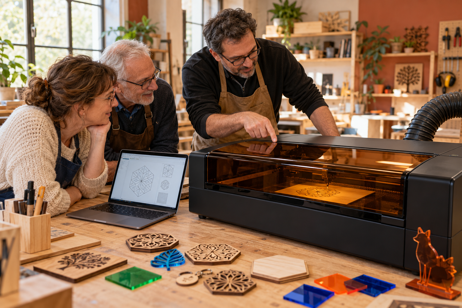Démonstration d’une découpeuse laser gravant du bois, avec des pièces en bois et en acrylique sur l’établi. Image d’illustration.