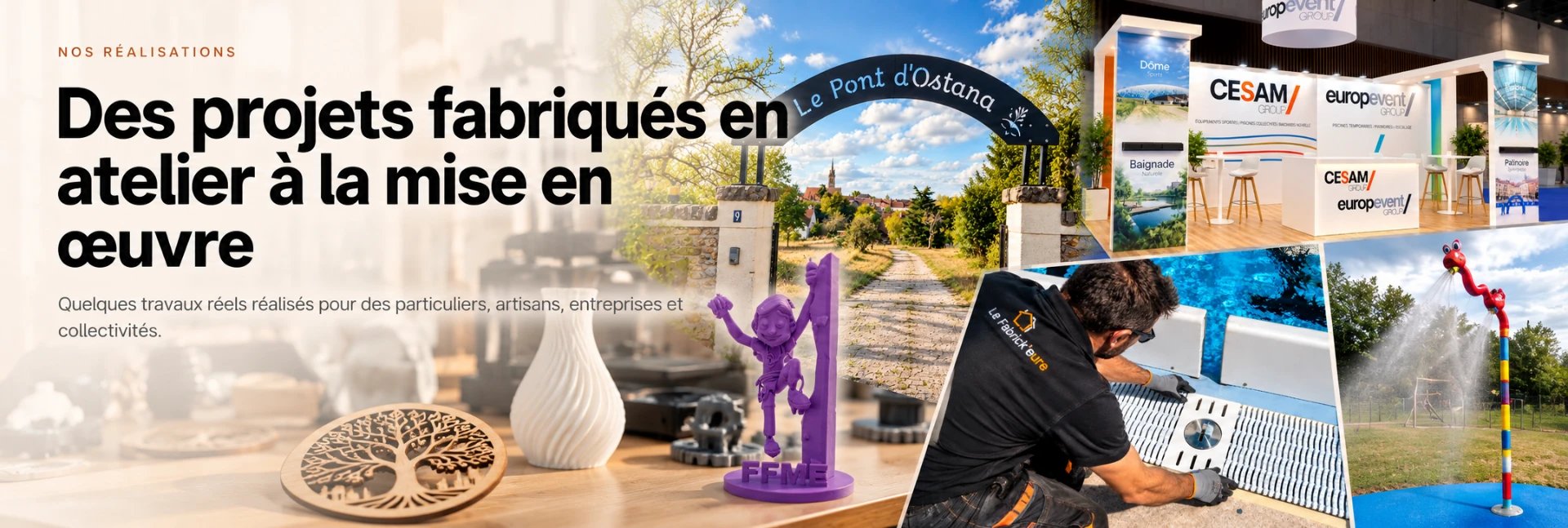 Nos réalisations : des projets fabriqués en atelier à la mise en œuvre. Quelques travaux réels réalisés pour des particuliers, artisans, entreprises et collectivités.