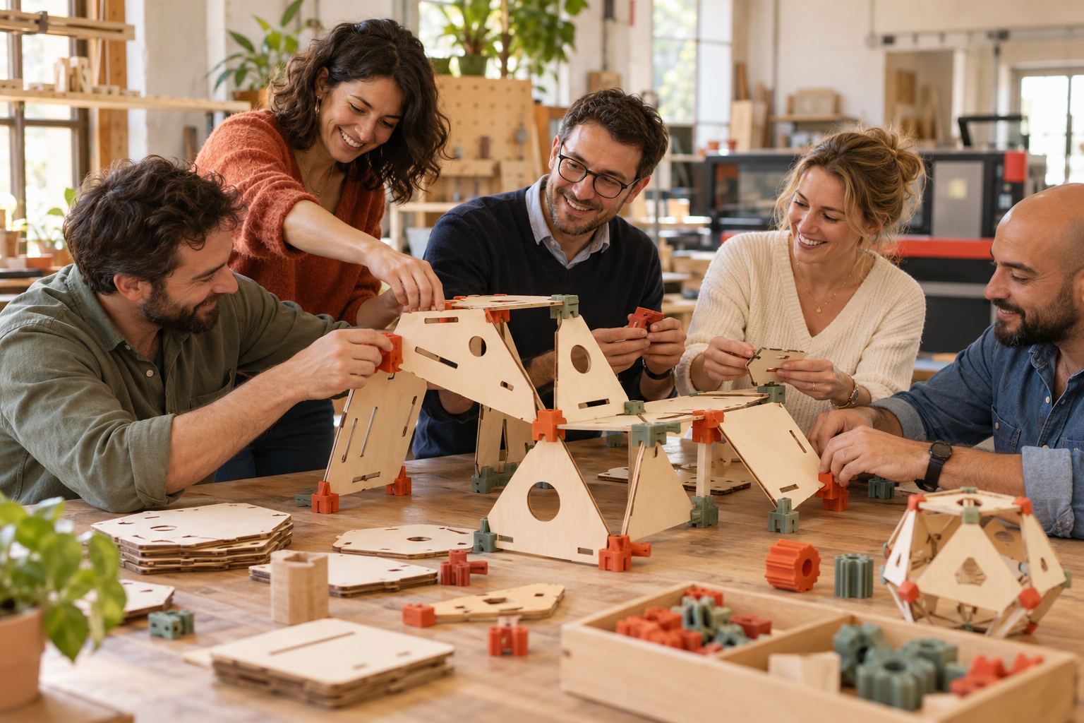 Un groupe d’adultes construit ensemble des structures en bois avec des connecteurs. Image d’illustration.