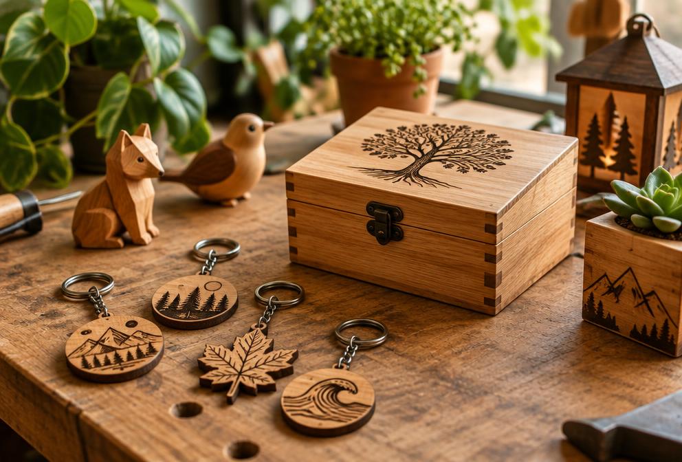 Porte-clés et boîte en bois gravés au laser (illustration)