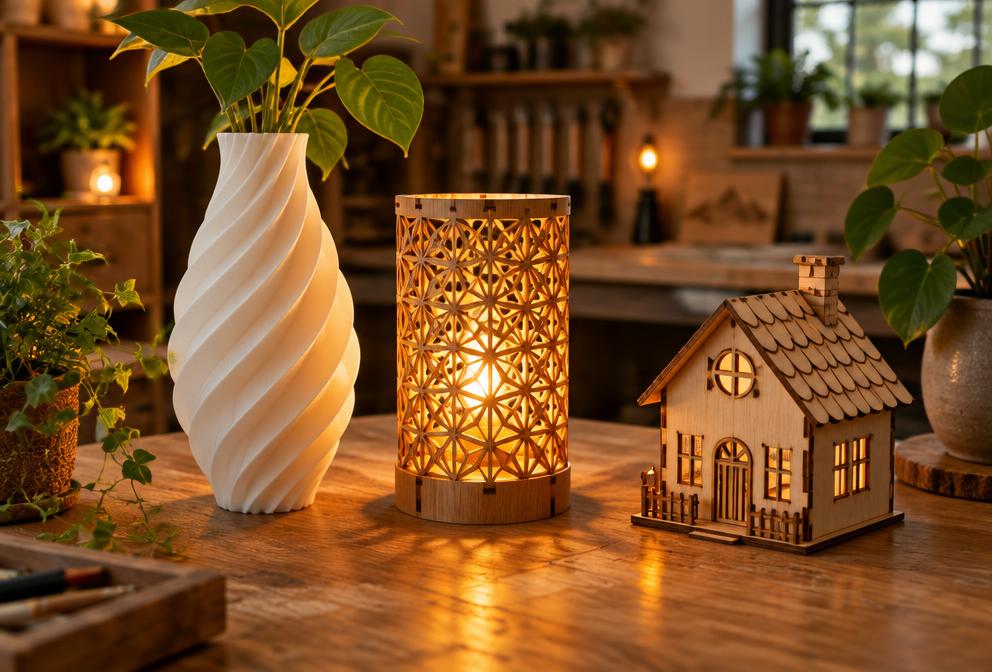Vase imprimé en 3D, lampe et maisonnette en bois découpé (illustration)