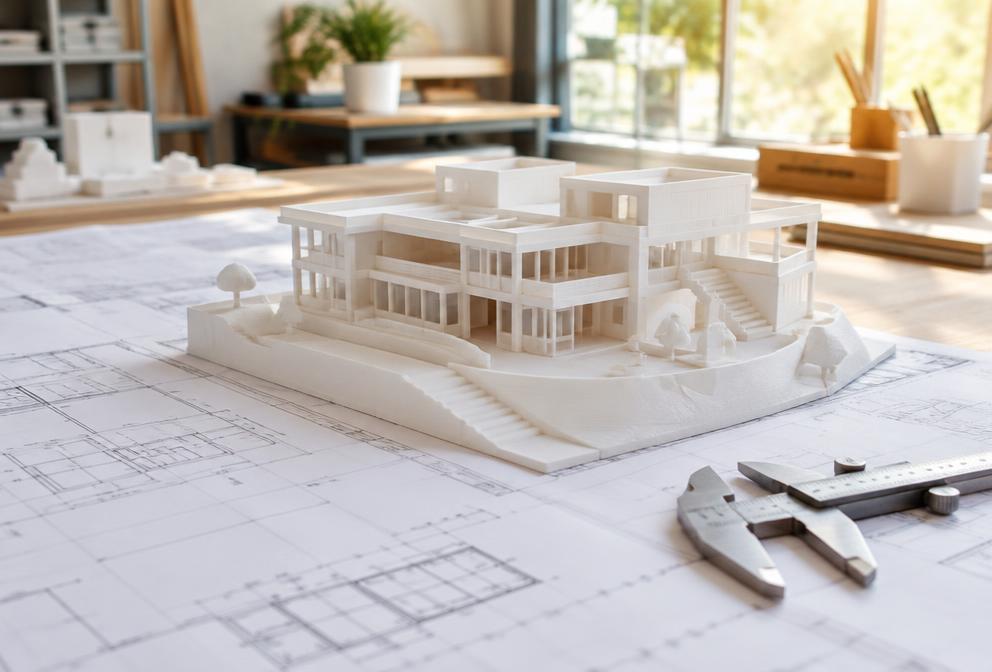 Maquette blanche imprimée en 3D posée sur des plans (illustration)
