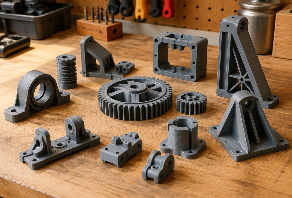 Supports et engrenages imprimés en 3D (illustration)