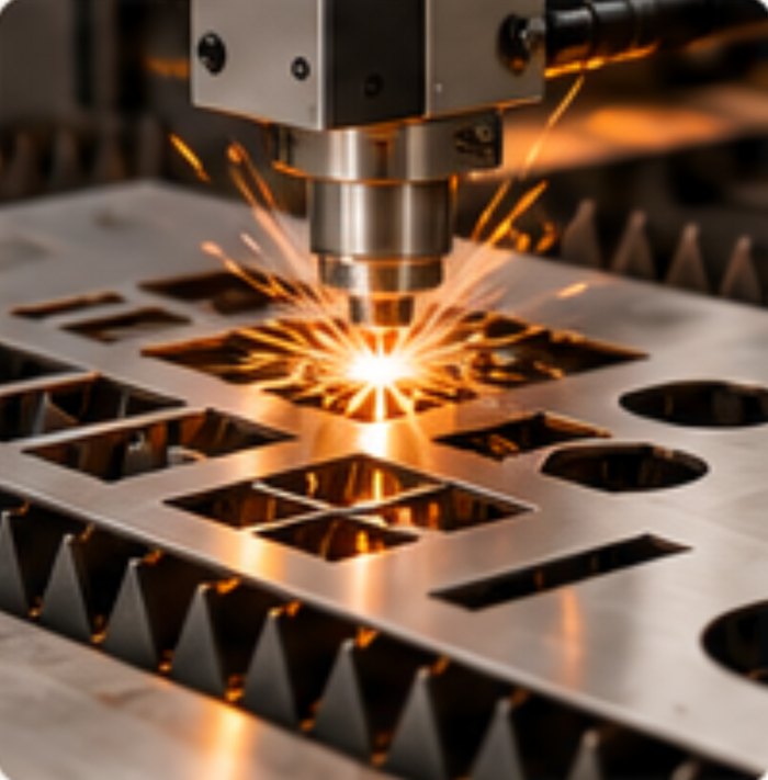 Tête de découpe laser en action sur une plaque de métal (illustration)